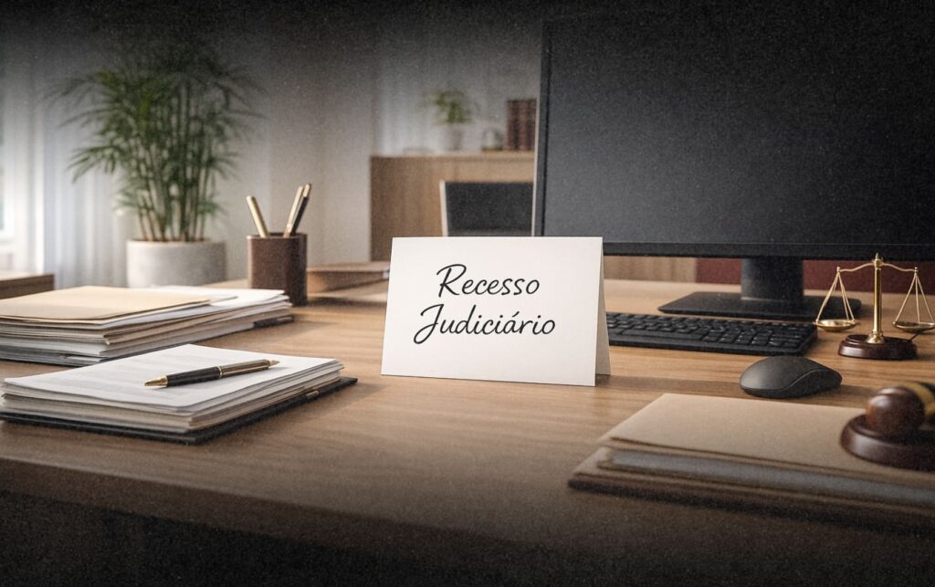 Imagem mostra escritório de advocacia com placa com aviso Recesso Judiciário sobre a mesa