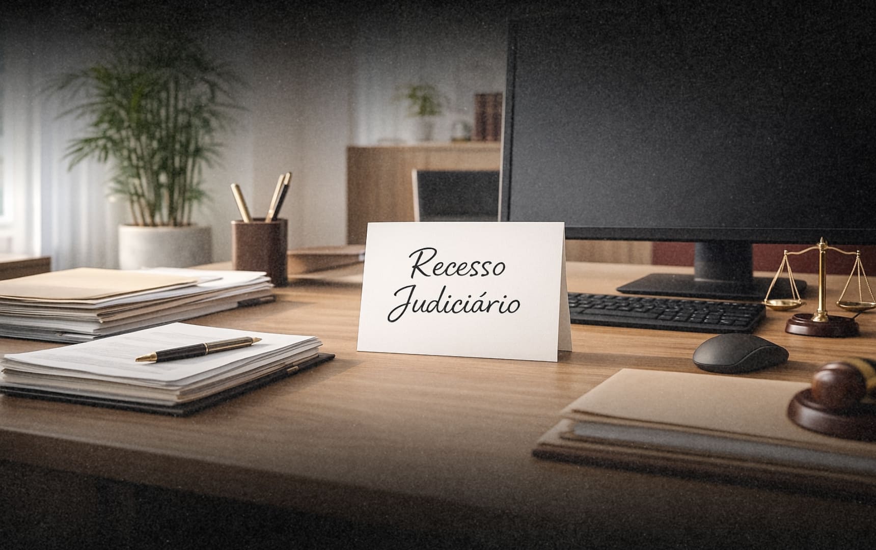 Imagem mostra escritório de advocacia com placa com aviso Recesso Judiciário sobre a mesa